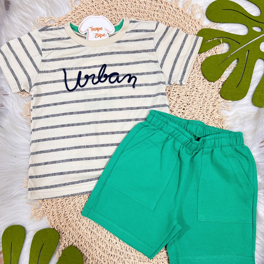 Conj. Camiseta Urban Listrada e Bermuda - Verde e Creme